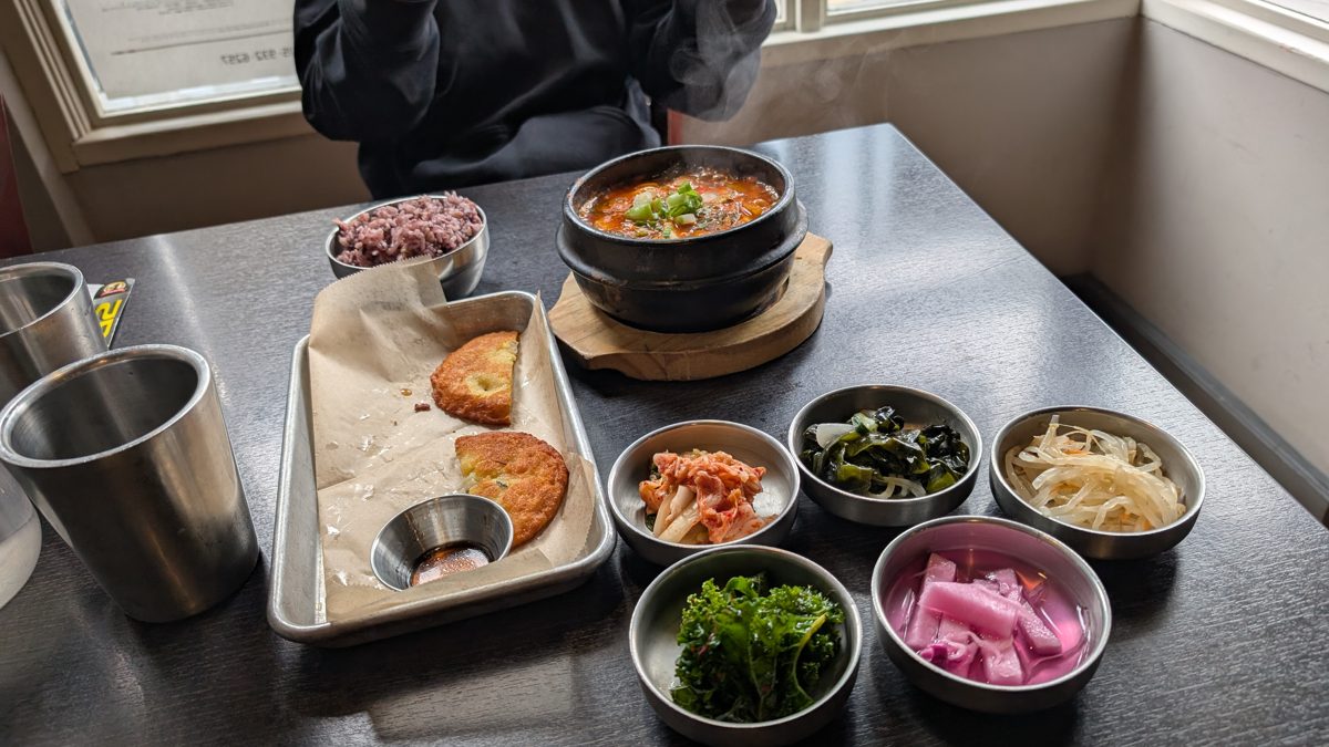 Vegan Korean food at Purple Rice in Lower Haight, San Francisco Bay Area featuring tofu stew, mung bean pancakes